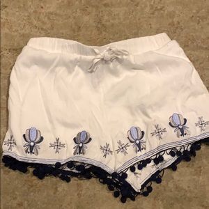 Mi Ami White Linen Embroidered Shorts
